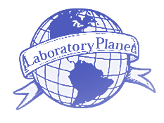 Logo de Planète Laboratoire, représentant la terre avec une bannière écrite 'Laboratory Planet'